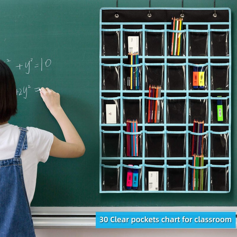 KEEPJOY Classroom Pocket Chart Organizer,Cell Phones Calculator Holder for Classroom with 30 Clear Pockets and Number Sticker Size 33.5x 24.5 Inch (2pack-black) - Image 5